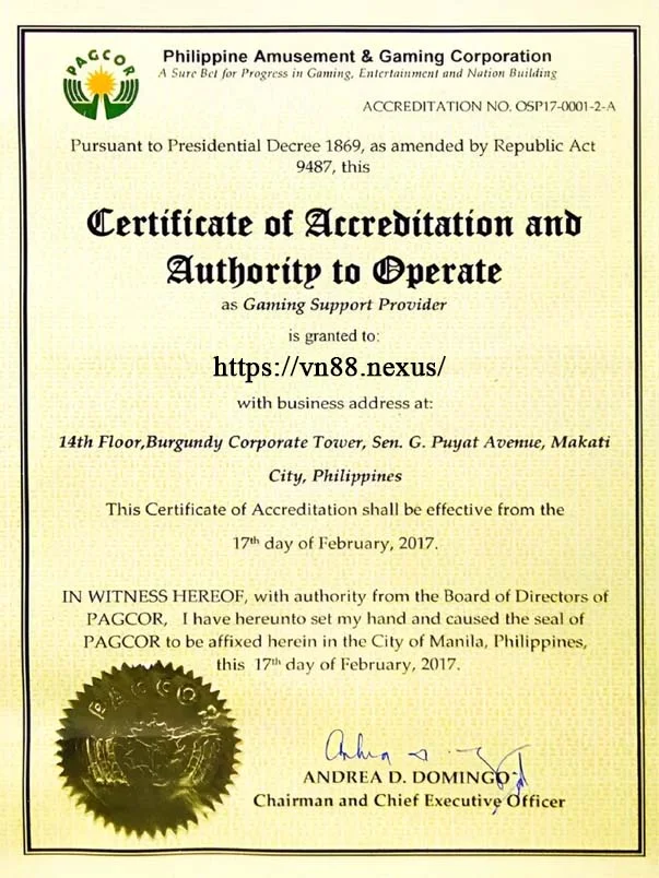 Giấy phép hoạt động Vn88