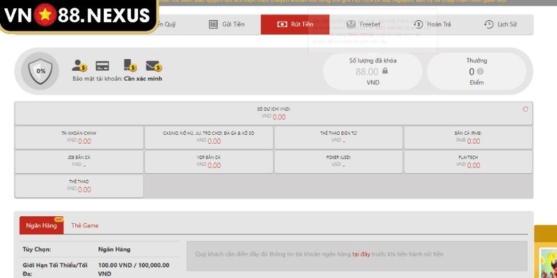 Đủ số dư tài khoản khi rút tiền VN88
